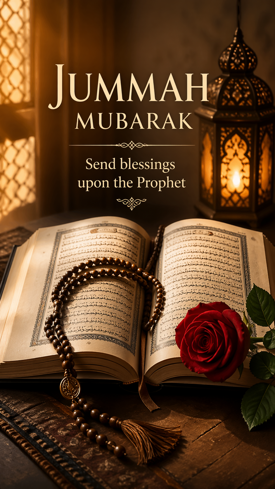 Holy Quran with tasbih prayer beads and rose, warm devotional lighting for Jummah Mubarak